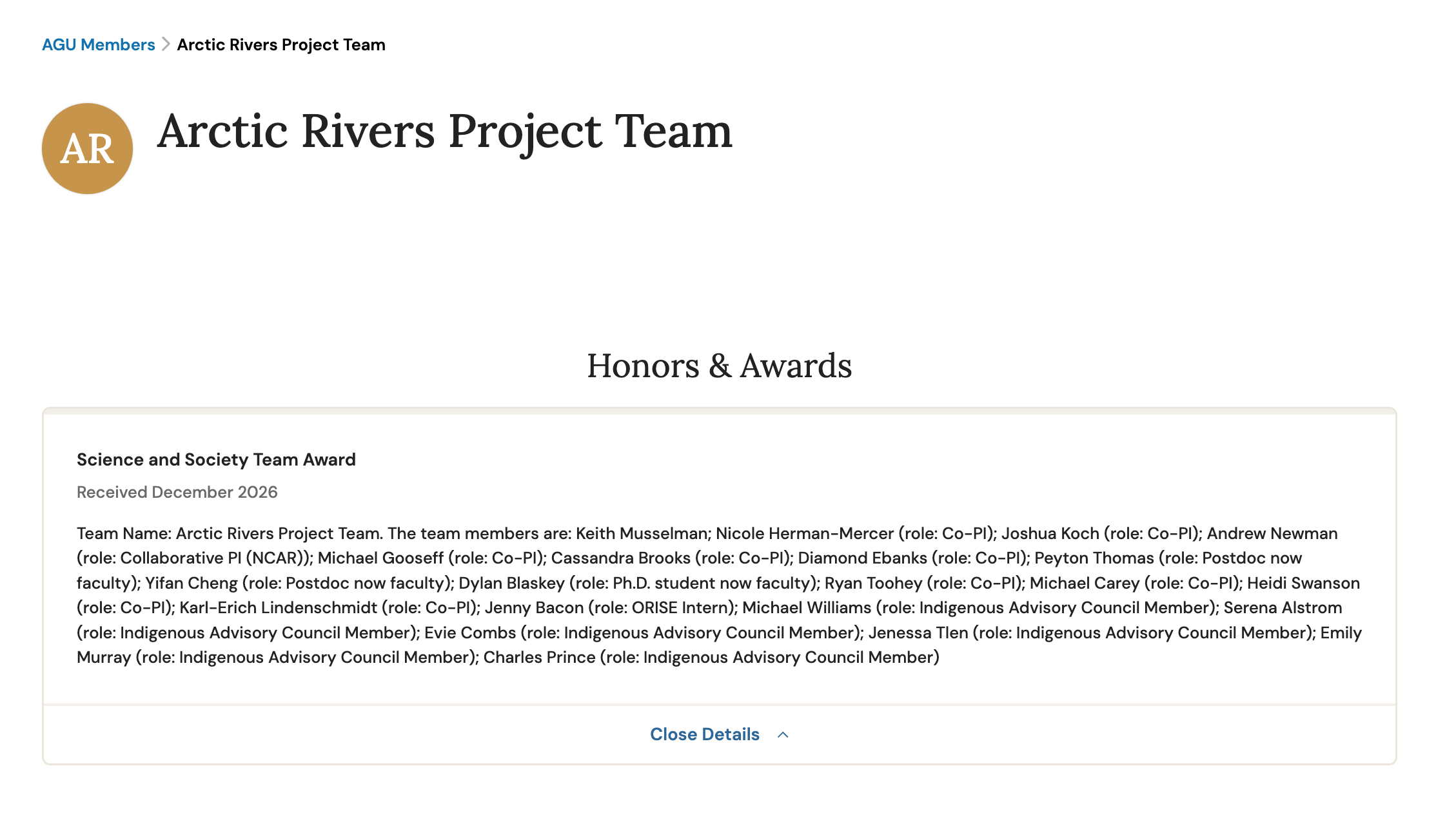 Award Screenshot at AGU website
